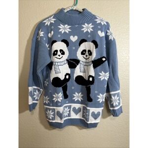 Vintage 1980s  Private Eyes Blue Panda Bear Sweater Christmas Snowflakes Size S